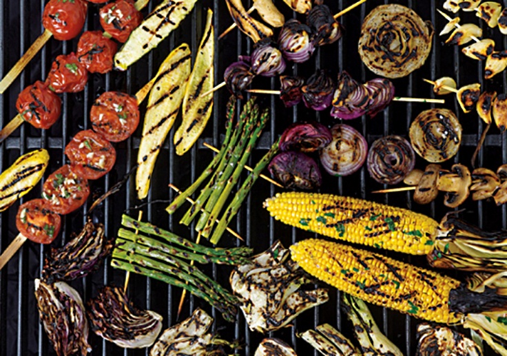 Array of vegetables skewered and 'rafted' for easy grilling 